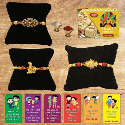 BOGATCHI Rakhi with Sweets Combo | Rakhi Gift for Brother | Rakhi for brother with gift sweets | Rakhi Gift Hamper|Soan Papdi, 200g + Rakhi Set of 3 +Roli Chawal + Free Rakhi Story Card-SP16