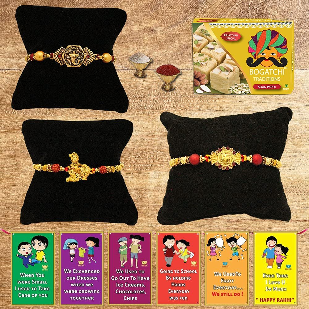 BOGATCHI Rakhi with Sweets Combo | Rakhi Gift for Brother | Rakhi for brother with gift sweets | Rakhi Gift Hamper|Soan Papdi, 200g + Rakhi Set of 3 +Roli Chawal + Free Rakhi Story Card-SP16