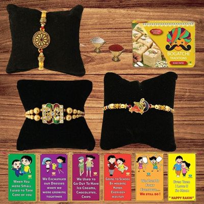 BOGATCHI Rakhi with Sweets Combo | Rakhi Gift for Brother | Rakhi for brother with gift sweets | Rakhi Gift Hamper|Soan Papdi, 200g + Rakhi Set of 3 +Roli Chawal + Free Rakhi Story Card-SP01