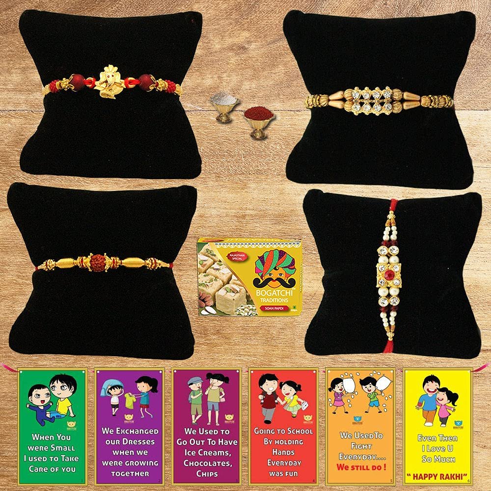 BOGATCHI Rakhi with Sweets Combo | Rakhi Gift for Brother | Rakhi for brother with gift sweets | Rakhi Gift Hamper|Soan Papdi, 200g + Rakhi Set of 4 +Roli Chawal + Free Rakhi Story Card-SP25a10