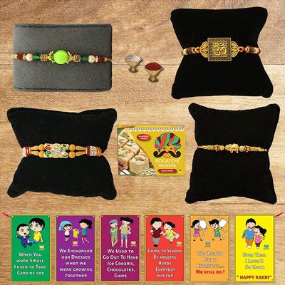 BOGATCHI Rakhi with Sweets Combo | Rakhi Gift for Brother | Rakhi for brother with gift sweets | Rakhi Gift Hamper|Soan Papdi, 200g + Rakhi Set of 4 +Roli Chawal + Free Rakhi Story Card-SP25a02