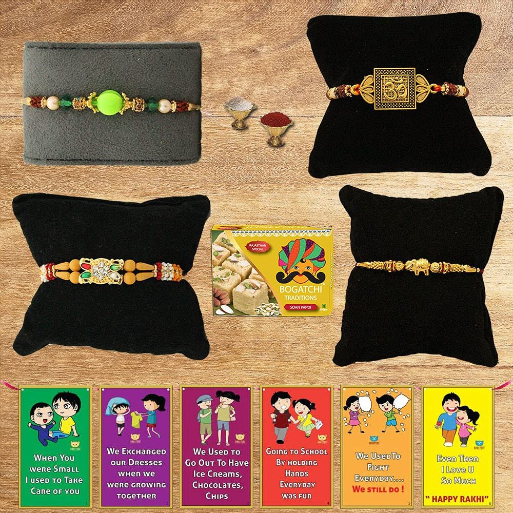 BOGATCHI Rakhi with Sweets Combo | Rakhi Gift for Brother | Rakhi for brother with gift sweets | Rakhi Gift Hamper|Soan Papdi, 200g + Rakhi Set of 4 +Roli Chawal + Free Rakhi Story Card-SP25a02