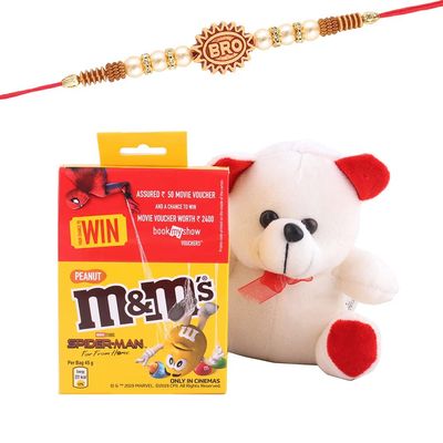 Astonished Retail M & M Penute with Cute Teddy | Bro Rakhi Chocolate for Brother | Rakhi Chocolate Hamper | Roli, Chawal, Chandan, Misri | 810123