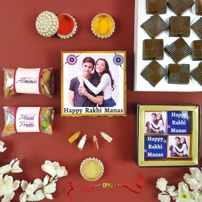 Expelite Rakhi For Brother/Bhai & Chocolate Cubes Pack Of 4 with Dry Fruit, Mix Fruits for Rakshabandhan, Unique Packaging, Sweet Messages Combo Gift Hamper with Roli, Chandan, Chawal