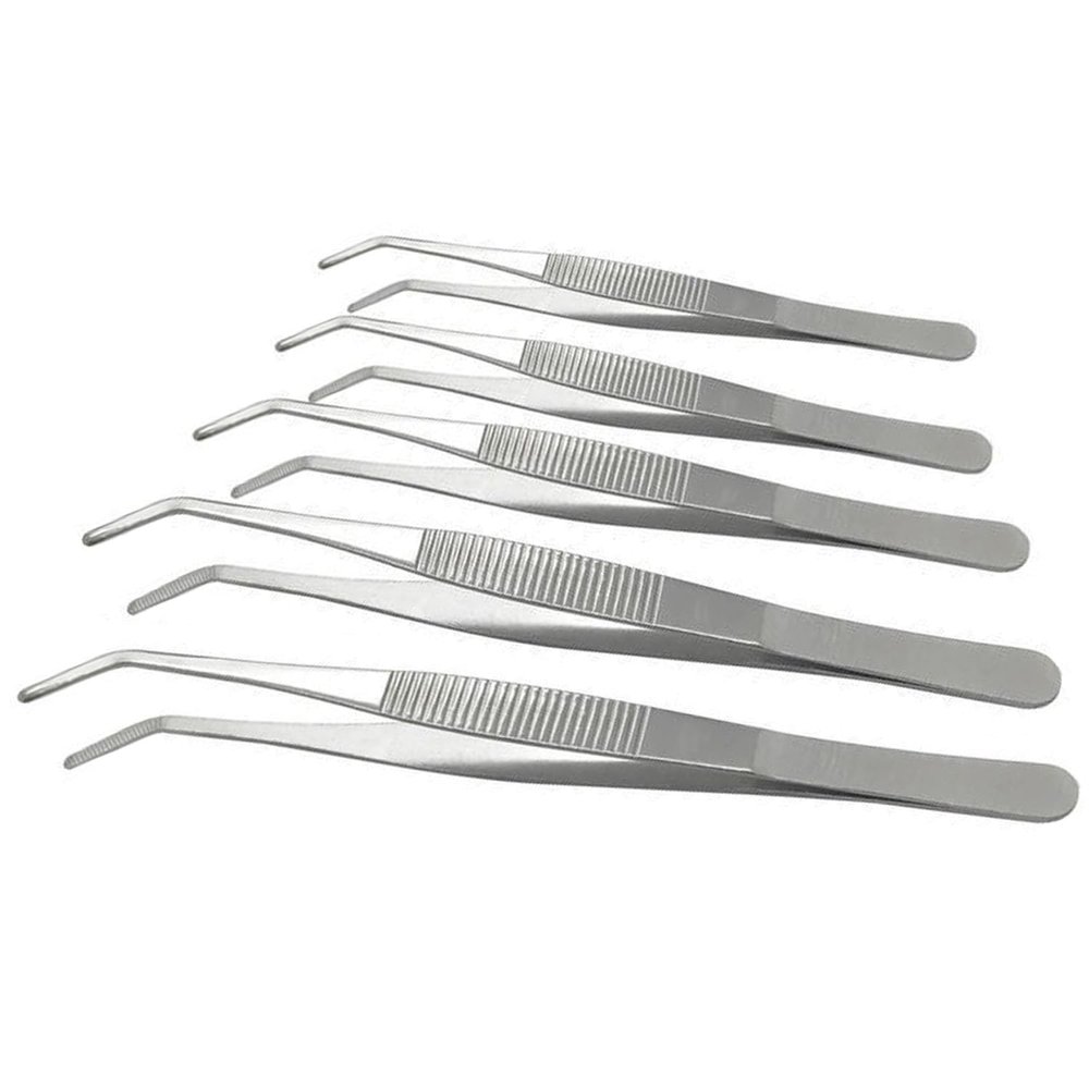 Hegebeck Stainless Steel Tweezers Long Handle Straight Tweezer Handmade Multipurpose Repairing Kit For Eyebrow Hair Remover Ingrown Hairs Remover with Bent Tip 14cm 5pcs