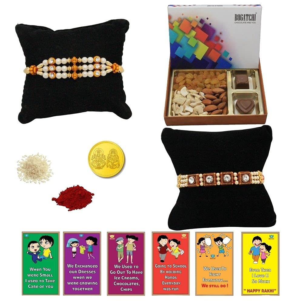 BOGATCHI Rakhi Dry Fruits Combo, Rakhi with chocolates gift pack, Rakhi and chocolate combo, Rakhi gift for brother with Chocolate Box 2pcs + Rakhi Set of 2+Roli Chawal+Rakhi Story Card,CDRFc9