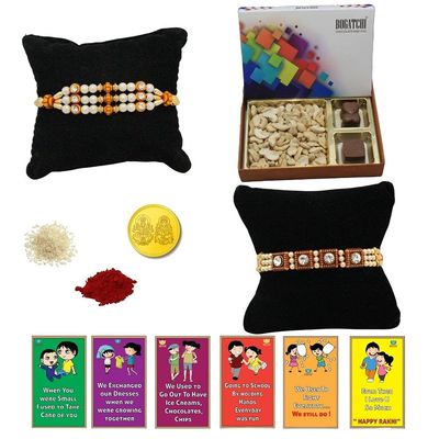 BOGATCHI Rakhi Dry Fruits Combo, Rakhi with chocolates gift pack, Rakhi and chocolate combo, Rakhi gift for brother with Chocolate Box 2pcs + Rakhi Set of 2+Roli Chawal+Rakhi Story Card,CDRFc14