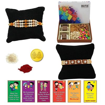 BOGATCHI Rakhi Dry Fruits Combo, Rakhi with chocolates gift pack, Rakhi and chocolate combo, Rakhi gift for brother with Chocolate Box 2pcs + Rakhi Set of 2+Roli Chawal+Rakhi Story Card,CDRFc12