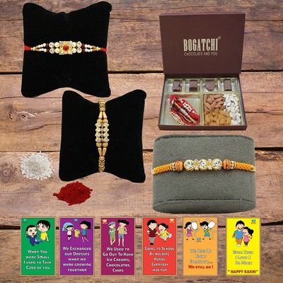 BOGATCHI Rakhi Dry Fruits Combo, Rakhi with chocolates gift pack, Rakhi and chocolate combo, Rakhi gift for brother with Chocolate Box 4pcs + Rakhi Set of 3+Roli Chawal+Rakhi Story Card,CDRFe1