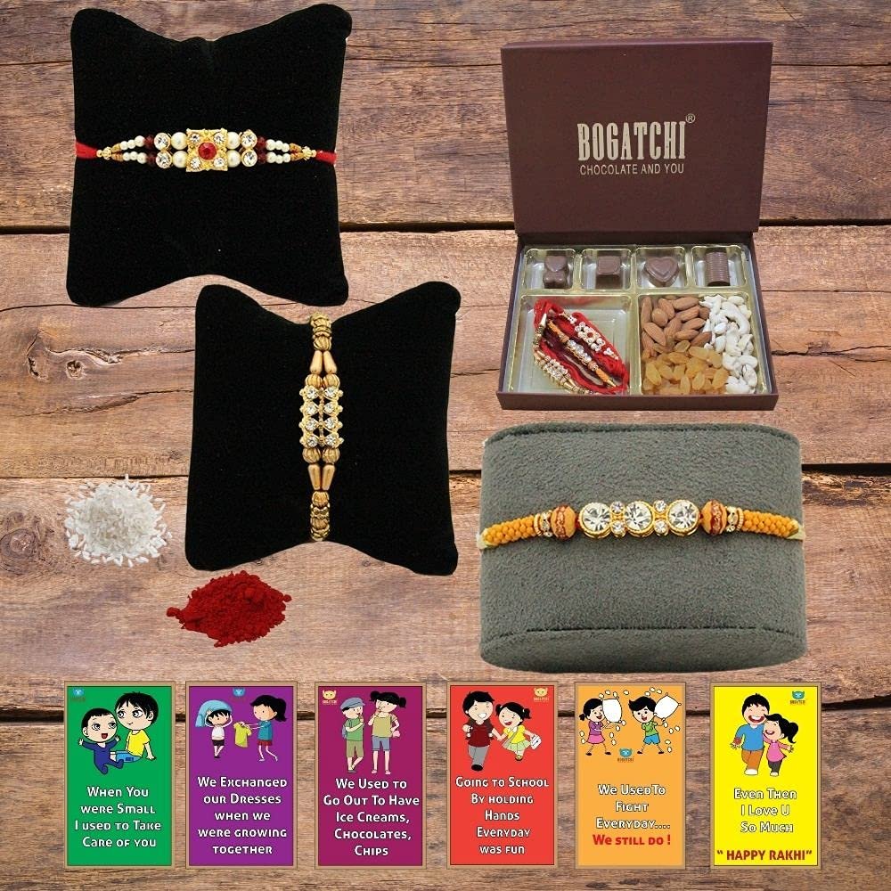 BOGATCHI Rakhi Dry Fruits Combo, Rakhi with chocolates gift pack, Rakhi and chocolate combo, Rakhi gift for brother with Chocolate Box 4pcs + Rakhi Set of 3+Roli Chawal+Rakhi Story Card,CDRFe1