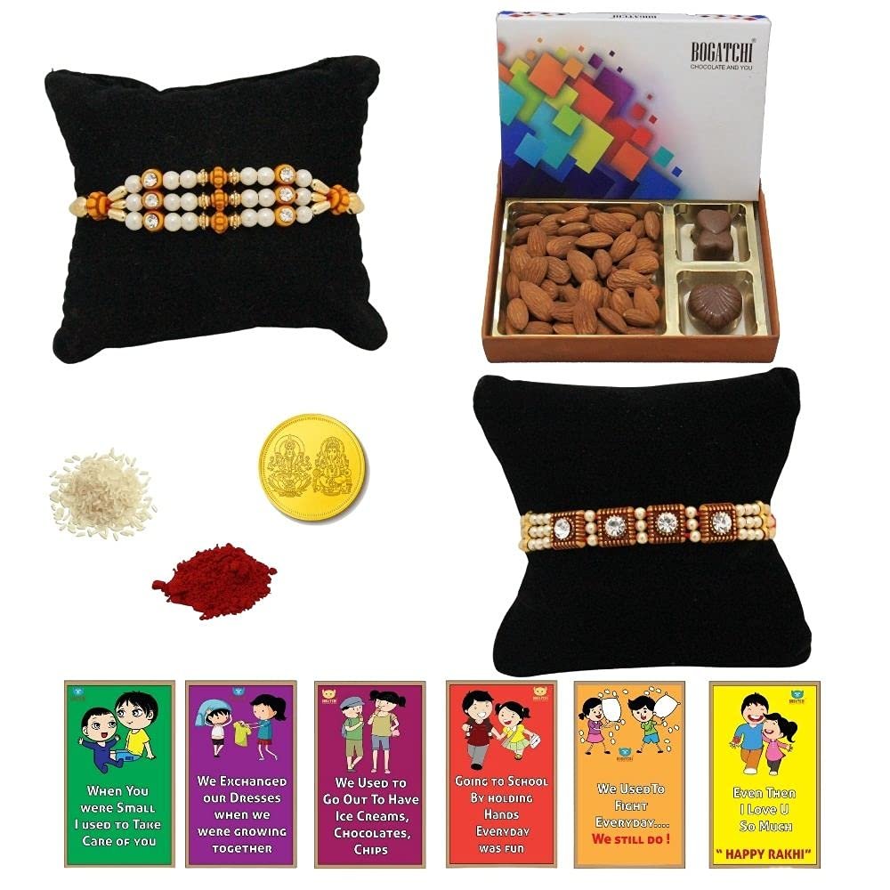 BOGATCHI Rakhi Dry Fruits Combo, Rakhi with chocolates gift pack, Rakhi and chocolate combo, Rakhi gift for brother with Chocolate Box 2pcs + Rakhi Set of 2+Roli Chawal+Rakhi Story Card,CDRFc10