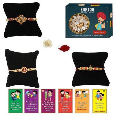 BOGATCHI Rakhi with Sweets, Rakhi for brother with sweets, Rakhi with sweets for brother, Rakhi for brother with gift sweets -Kaju Katli, 200g + Rakhi Set of 3 +Roli Chawal+ Rakhi Card |KKTRKH-3-20
