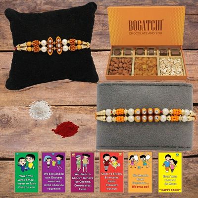 BOGATCHI Rakhi Dry Fruits Combo, Rakhi with chocolates gift pack, Rakhi and chocolate combo, Rakhi gift for brother with Chocolate Box 6pcs +Rakhi Set of 2+Roli Chawal+Rakhi Story Card,CDRFa4