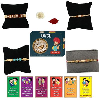 BOGATCHI Rakhi with Sweets, Rakhi for brother with sweets, Rakhi with sweets for brother, Rakhi for brother with gift sweets -Kaju Katli, 200g + Rakhi Set of 4 +Roli Chawal+ Rakhi Card |KKTRKH-4-28