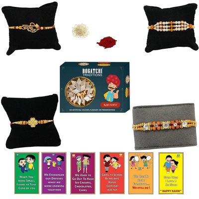 BOGATCHI Rakhi with Sweets, Rakhi for brother with sweets, Rakhi with sweets for brother, Rakhi for brother with gift sweets -Kaju Katli, 200g + Rakhi Set of 4 +Roli Chawal+ Rakhi Card |KKTRKH-4-38