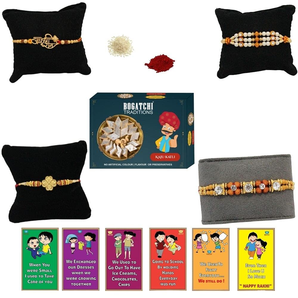 BOGATCHI Rakhi with Sweets, Rakhi for brother with sweets, Rakhi with sweets for brother, Rakhi for brother with gift sweets -Kaju Katli, 200g + Rakhi Set of 4 +Roli Chawal+ Rakhi Card |KKTRKH-4-38