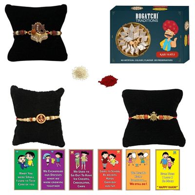 BOGATCHI Rakhi with Sweets, Rakhi for brother with sweets, Rakhi with sweets for brother, Rakhi for brother with gift sweets -Kaju Katli, 200g + Rakhi Set of 3 +Roli Chawal+ Rakhi Card |KKTRKH-3-19