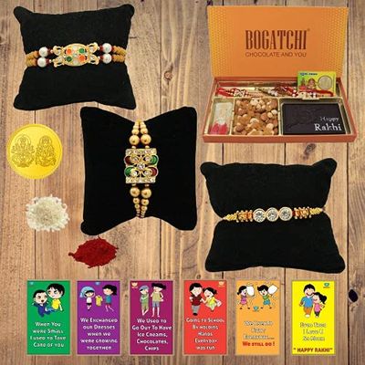 BOGATCHI Rakhi Dry Fruits Combo, Rakhi with chocolates gift pack, Rakhi and chocolate combo, Rakhi gift for brother with Chocolate Box 4pcs + Rakhi Set of 3+Roli Chawal+Rakhi Story Card,CDRFf1