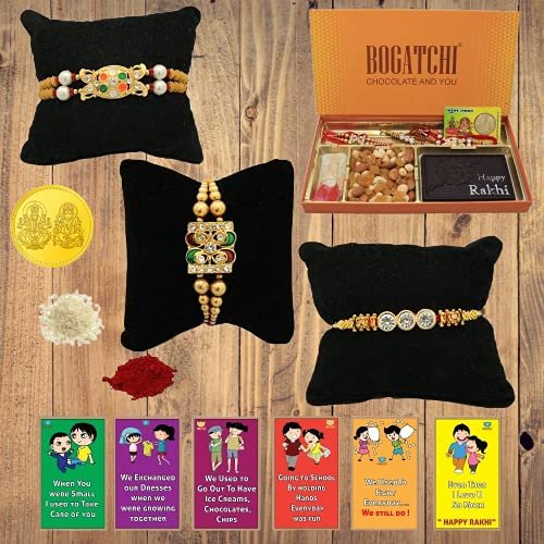 BOGATCHI Rakhi Dry Fruits Combo, Rakhi with chocolates gift pack, Rakhi and chocolate combo, Rakhi gift for brother with Chocolate Box 4pcs + Rakhi Set of 3+Roli Chawal+Rakhi Story Card,CDRFf1
