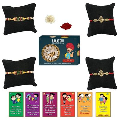 BOGATCHI Rakhi with Sweets, Rakhi for brother with sweets, Rakhi with sweets for brother, Rakhi for brother with gift sweets -Kaju Katli, 200g + Rakhi Set of 4 +Roli Chawal+ Rakhi Card |KKTRKH-4-32