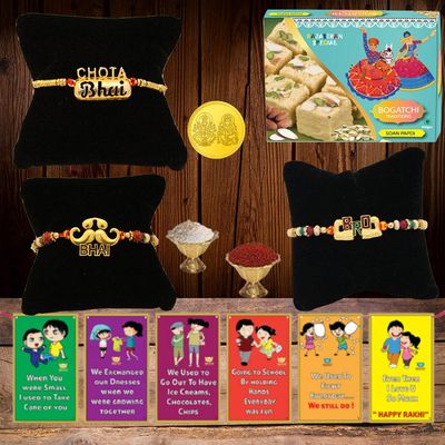 BOGATCHI Rakhi with Sweets, Rakhi for brother with sweets, Rakhi with sweets for brother, Rakhi for brother with gift sweets -Kaju Katli, 200g + Rakhi Set of 3 +Roli Chawal+ Rakhi Card |KKTRKH-3-6