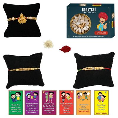 BOGATCHI Rakhi with Sweets, Rakhi for brother with sweets, Rakhi with sweets for brother, Rakhi for brother with gift sweets -Kaju Katli, 200g + Rakhi Set of 3 +Roli Chawal+ Rakhi Card |KKTRKH-3-17