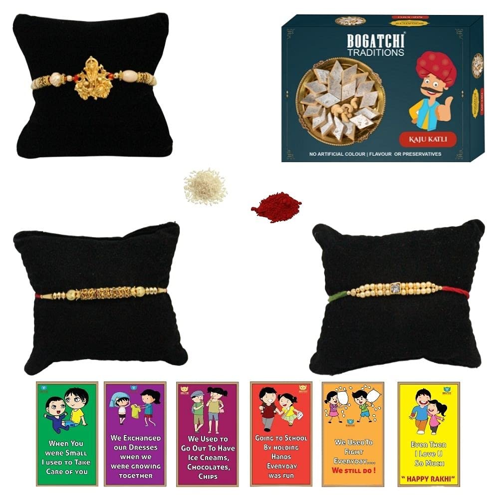 BOGATCHI Rakhi with Sweets, Rakhi for brother with sweets, Rakhi with sweets for brother, Rakhi for brother with gift sweets -Kaju Katli, 200g + Rakhi Set of 3 +Roli Chawal+ Rakhi Card |KKTRKH-3-17