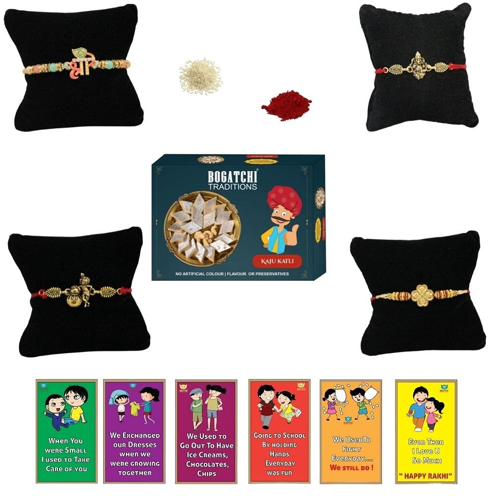 BOGATCHI Rakhi with Sweets, Rakhi for brother with sweets, Rakhi with sweets for brother, Rakhi for brother with gift sweets -Kaju Katli, 200g + Rakhi Set of 4 +Roli Chawal+ Rakhi Card |KKTRKH-4-36