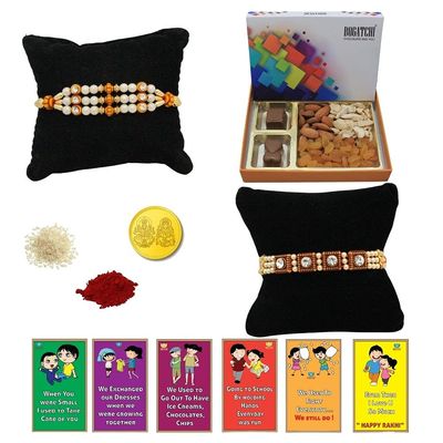 BOGATCHI Rakhi Dry Fruits Combo, Rakhi with chocolates gift pack, Rakhi and chocolate combo, Rakhi gift for brother with Chocolate Box 2pcs + Rakhi Set of 2+Roli Chawal+Rakhi Story Card,CDRFc8