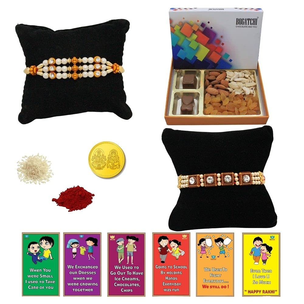 BOGATCHI Rakhi Dry Fruits Combo, Rakhi with chocolates gift pack, Rakhi and chocolate combo, Rakhi gift for brother with Chocolate Box 2pcs + Rakhi Set of 2+Roli Chawal+Rakhi Story Card,CDRFc8