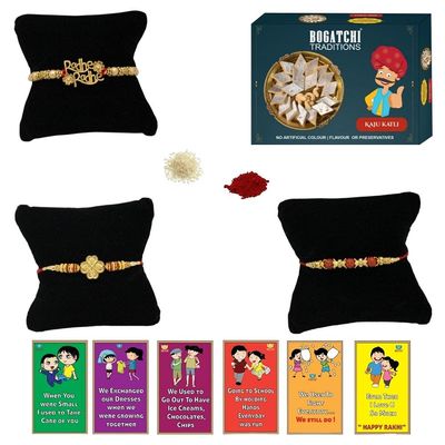 BOGATCHI Rakhi with Sweets, Rakhi for brother with sweets, Rakhi with sweets for brother, Rakhi for brother with gift sweets -Kaju Katli, 200g + Rakhi Set of 3 +Roli Chawal+ Rakhi Card |KKTRKH-3-15
