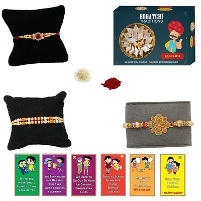 BOGATCHI Rakhi with Sweets, Rakhi for brother with sweets, Rakhi with sweets for brother, Rakhi for brother with gift sweets -Kaju Katli, 200g + Rakhi Set of 3 +Roli Chawal+ Rakhi Card |KKTRKH-3-13