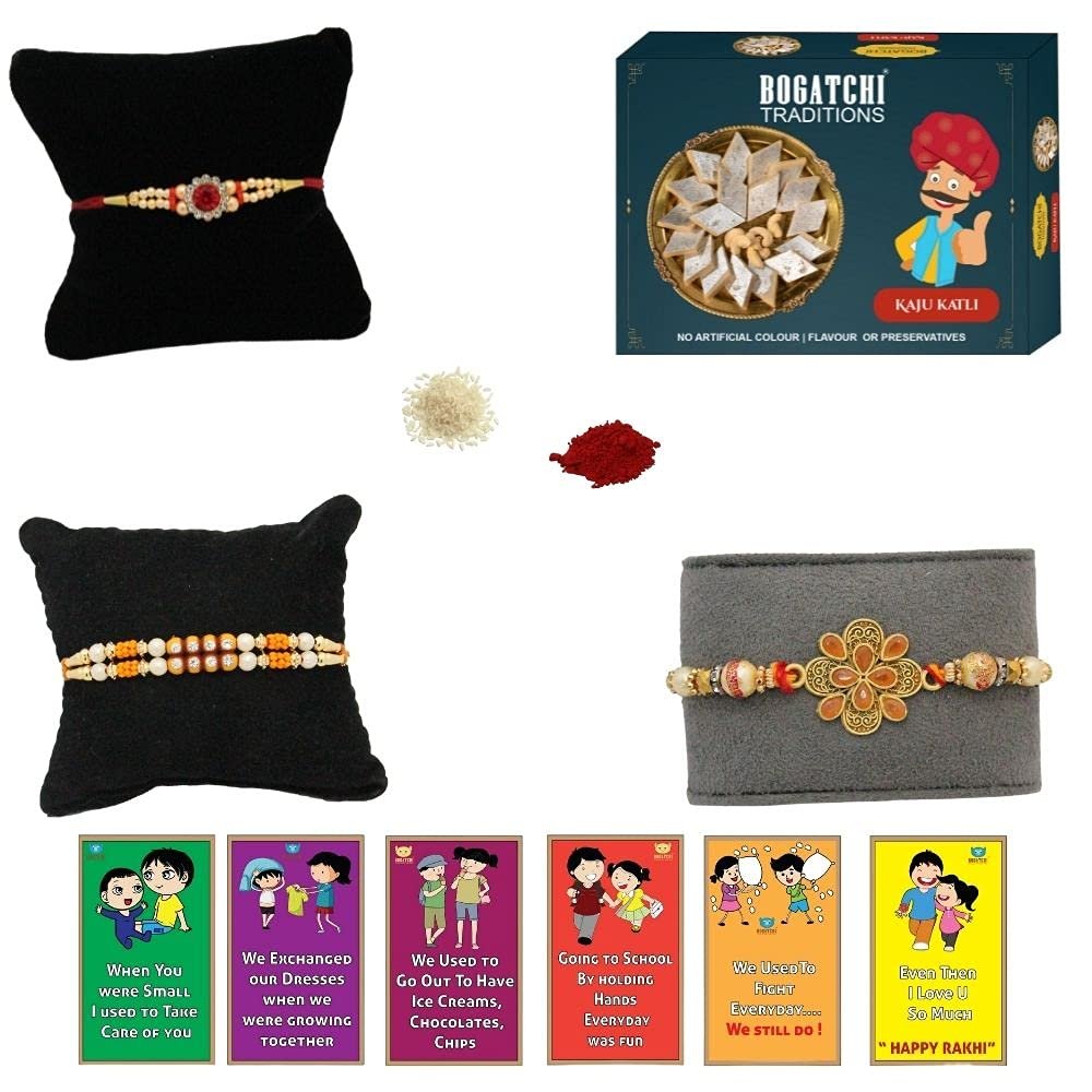 BOGATCHI Rakhi with Sweets, Rakhi for brother with sweets, Rakhi with sweets for brother, Rakhi for brother with gift sweets -Kaju Katli, 200g + Rakhi Set of 3 +Roli Chawal+ Rakhi Card |KKTRKH-3-13