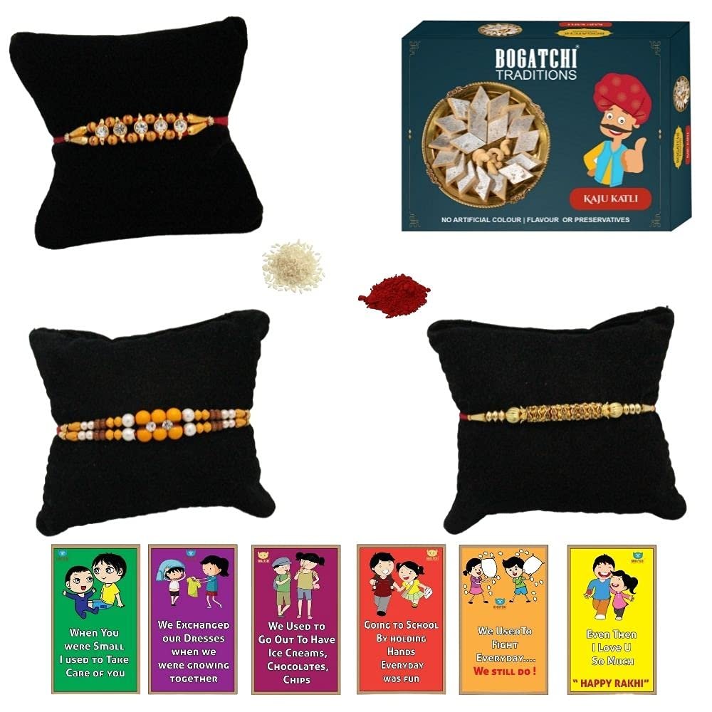 BOGATCHI Rakhi with Sweets, Rakhi for brother with sweets, Rakhi with sweets for brother, Rakhi for brother with gift sweets -Kaju Katli, 200g + Rakhi Set of 3 +Roli Chawal+ Rakhi Card |KKTRKH-3-3