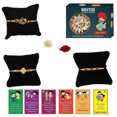 BOGATCHI Rakhi with Sweets, Rakhi for brother with sweets, Rakhi with sweets for brother, Rakhi for brother with gift sweets -Kaju Katli, 200g + Rakhi Set of 3 +Roli Chawal+ Rakhi Card |KKTRKH-3-12