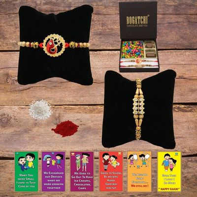 BOGATCHI Rakhi Dry Fruits Combo, Rakhi with chocolates gift pack, Rakhi and chocolate combo, Rakhi gift for brother with Chocolate Box 2pcs + Rakhi Set of 2+Roli Chawal+Rakhi Story Card,CDRFd2