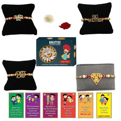 BOGATCHI Rakhi with Sweets, Rakhi for brother with sweets, Rakhi with sweets for brother, Rakhi for brother with gift sweets -Kaju Katli, 200g + Rakhi Set of 4 +Roli Chawal+ Rakhi Card |KKTRKH-4-43