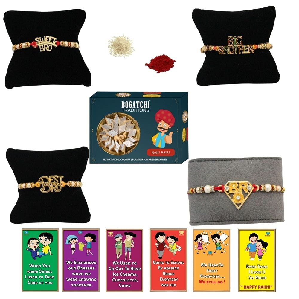 BOGATCHI Rakhi with Sweets, Rakhi for brother with sweets, Rakhi with sweets for brother, Rakhi for brother with gift sweets -Kaju Katli, 200g + Rakhi Set of 4 +Roli Chawal+ Rakhi Card |KKTRKH-4-43