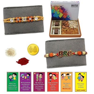 BOGATCHI Rakhi Dry Fruits Combo, Rakhi with chocolates gift pack, Rakhi and chocolate combo, Rakhi gift for brother with Chocolate Box 2pcs + Rakhi Set of 2+Roli Chawal+Rakhi Story Card,CDRFc4