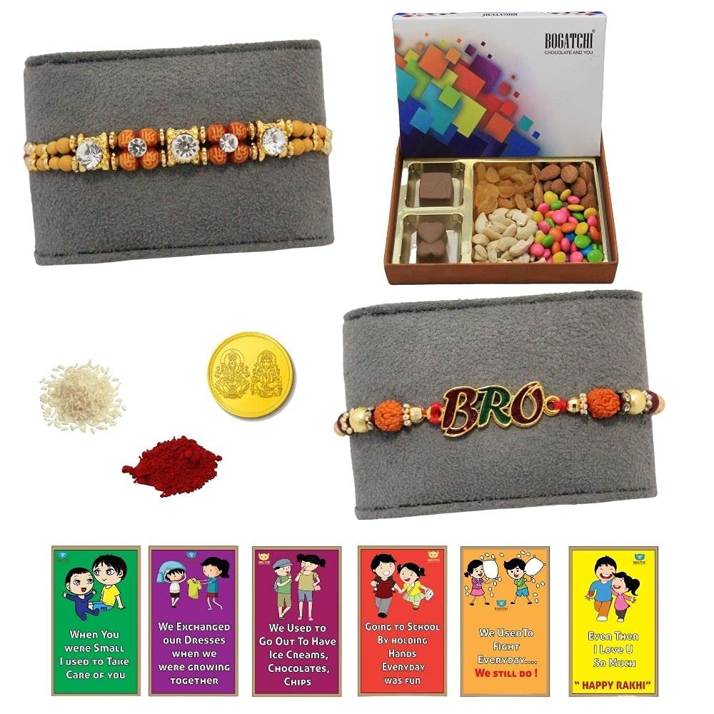 BOGATCHI Rakhi Dry Fruits Combo, Rakhi with chocolates gift pack, Rakhi and chocolate combo, Rakhi gift for brother with Chocolate Box 2pcs + Rakhi Set of 2+Roli Chawal+Rakhi Story Card,CDRFc6