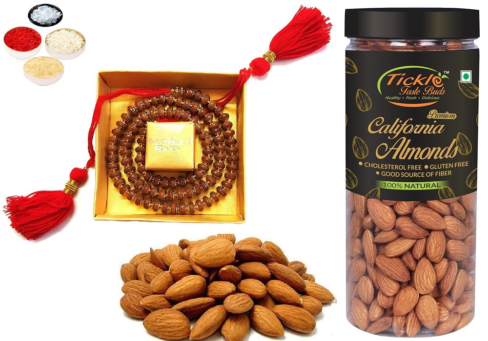 Designer 3 Fold Bracelet Rakhi with Personal Message Combo Gift, Almond Badam Jar 250gms, Tikka & Roli Chandan Chawal Mishri Pack for Bhai Bhaiya Brother