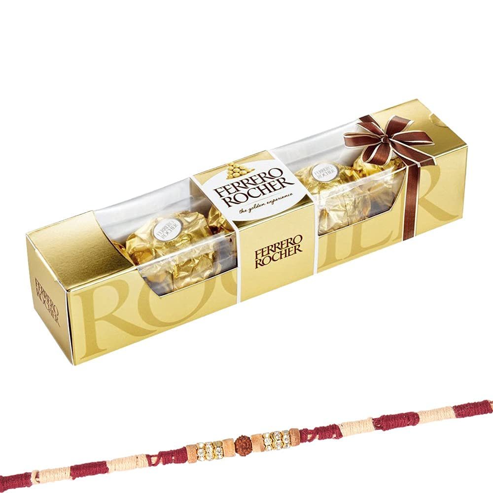 Astonished Retail Delicious Ferrero Rocher Chocolates (4 pcs) | 1 Rudkrash Designer Rakhi Chocolate for Brother | Rakhi Chocolate Hamper | Roli, Chawal, Chandan, Misri | 623