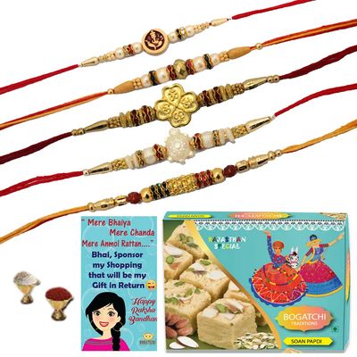 BOGATCHI Rakhi Gift for Brother | Rakhi with Sweets Combo | Rakhi Gift Combo for Brother|Rakhi Set|Soan Papdi + Rakhi Set of 5+Roli Chawal +Rakhi Card |SONPPDI5-5
