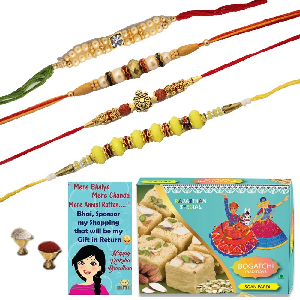 BOGATCHI Rakhi Gift for Brother | Rakhi with Sweets Combo | Rakhi Gift Combo for Brother|Rakhi Set|Soan Papdi + Rakhi Set of 4+Roli Chawal +Rakhi Card |SONPPDI4-3