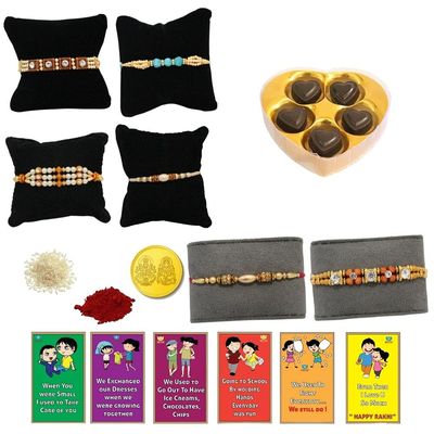 BOGATCHI Rakhi with chocolates gift pack, Rakhi and chocolate combo, Rakhi gift for brother with chocolate, (5pcs)+Rakhi(6) +Roli Chawal+ Rakhi Story Card +Gold Coin, Rakhi with sweets, RKH5Ha46