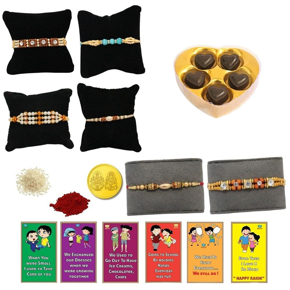 BOGATCHI Rakhi with chocolates gift pack, Rakhi and chocolate combo, Rakhi gift for brother with chocolate, (5pcs)+Rakhi(6) +Roli Chawal+ Rakhi Story Card +Gold Coin, Rakhi with sweets, RKH5Ha46