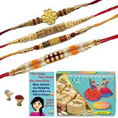BOGATCHI Rakhi Gift for Brother | Rakhi with Sweets Combo | Rakhi Gift Combo for Brother|Rakhi Set|Soan Papdi + Rakhi Set of 4+Roli Chawal +Rakhi Card |SONPPDI4-1