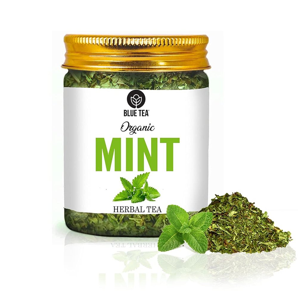BLUE TEA - Mint Tea - 100g - 100 Cups || DIGESTION CARE || Herbs - Caffeine Free - Leaf Based - Herbal Tea - Non-GMO - Gluten Free - Non-Bitter | Featured In Shark Tank | Pet Jar Pack