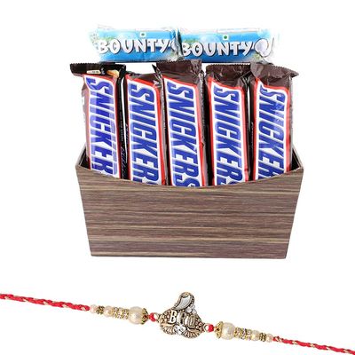 Astonished Retail Snicker Peanut & Bounty Chocolate with Beautiful Basket | Bro Design Rakhi Chocolate for Brother | Rakhi Chocolate Hamper | Roli, Chawal, Chandan, Misri | 335123