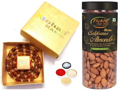 Designer 3 Fold Rudraksh Bracelet Rakhi Gift for Brother Combo Almond Badam Jar 250gms, Tikka & Roli Chandan Chawal Mishri Pack for Bhai Bhaiya